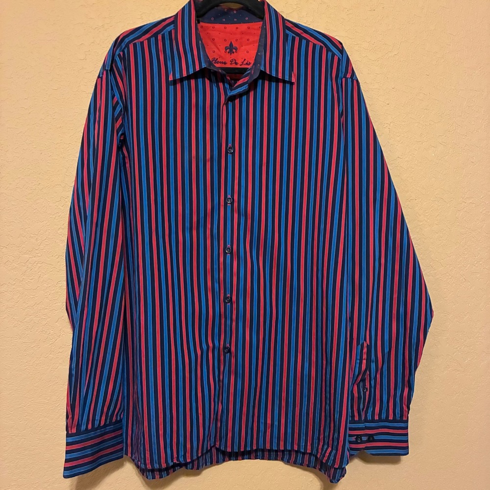 Fleur De Lis Mens 2XL Button Down Shirt Blokecore Club Striped Red Blue LS Party - Picture 3 of 13